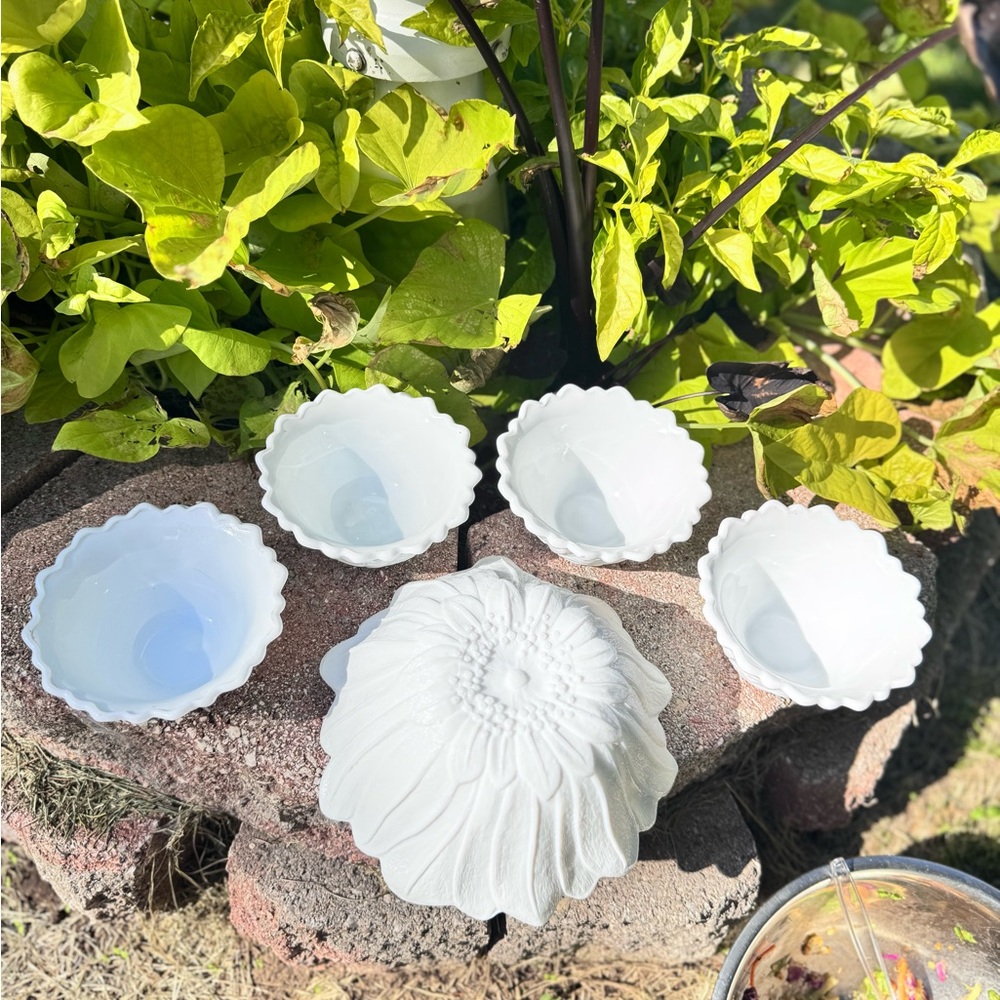 Indian Milk Glass Lily Pons & Sunflower Pattern  Bowl Set 5